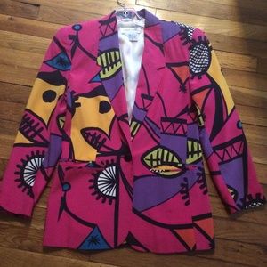 vintage 1980s silk graffiti abstract art blazer S